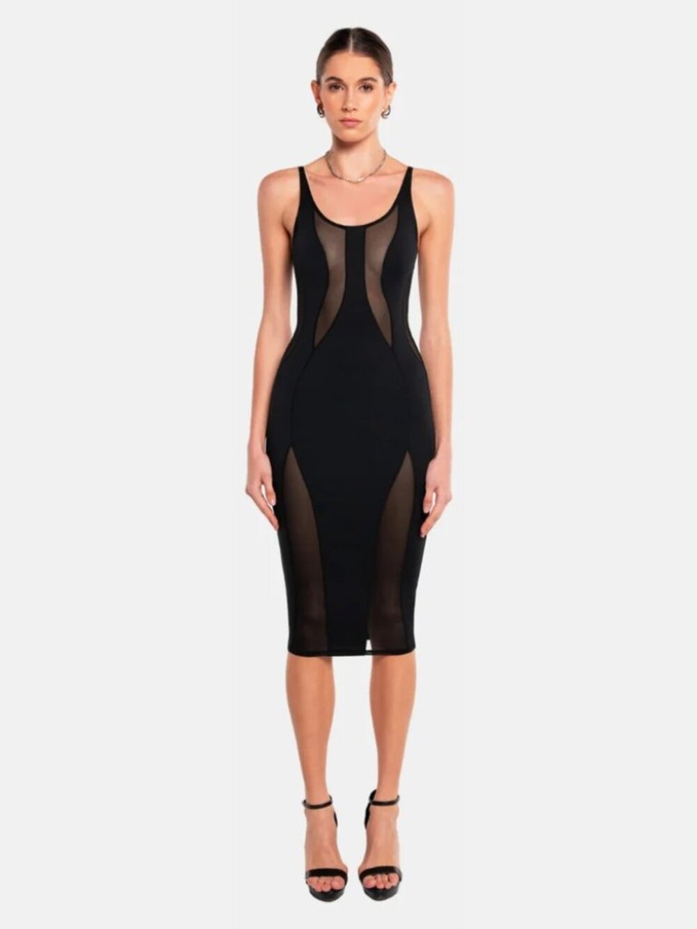 New Tags Ow Collection TWIST Midi Black Sheer Panels Dress, M